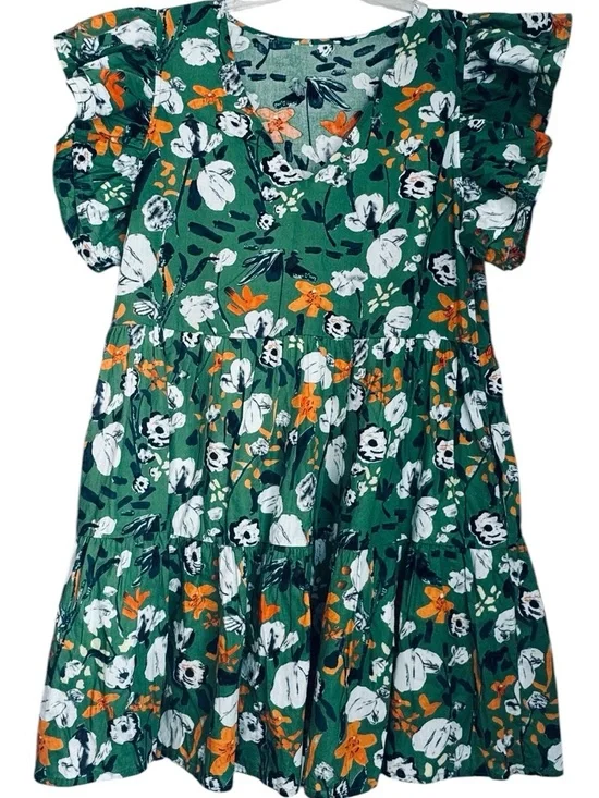 Green Floral Ruffle Sleeve Tiered Dress Size M Cotton Lined Boutique - Picture 3 of 8